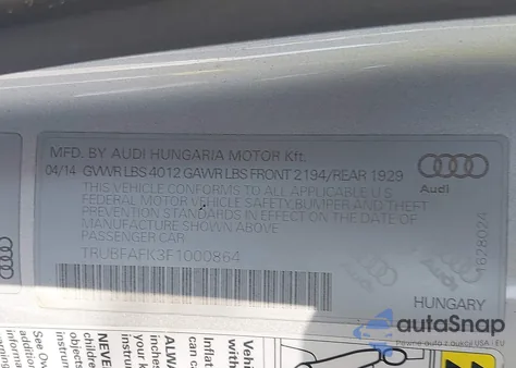 2015 Audi Tt из США, поврежденный, VIN TRUBFAFK3F1000864